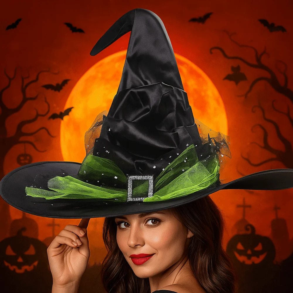 

Portable Folds Halloween Witch Hat Baroque Gothic Queen Mesh Bow Witch Hat Satins Cosplay Photo Props Wizard Cap Parties