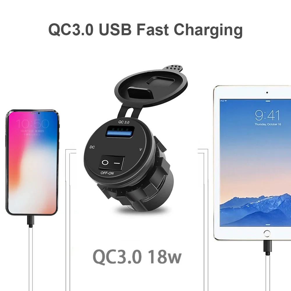 ZHIYU 18W Quick Charger QC3.0 USB Charger With Switch LED Voltage Display Charger Socket 12V 24V For Truck ATV Boat Motorcycle