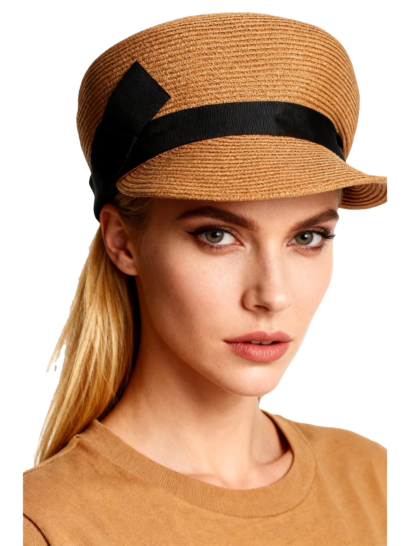 Women's Wide Brim Foldable Straw Hat with Black Ribbon Bow Summer Beach Sun Hat for Vacation Travel Casual Fashion