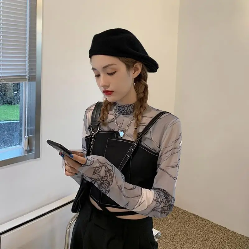Summer Floral Print Mesh Base Shirt Women's Long Sleeve T-Shirt Set Ice Silk Sun Protection Inner Wear Two-Piece Commute Style
