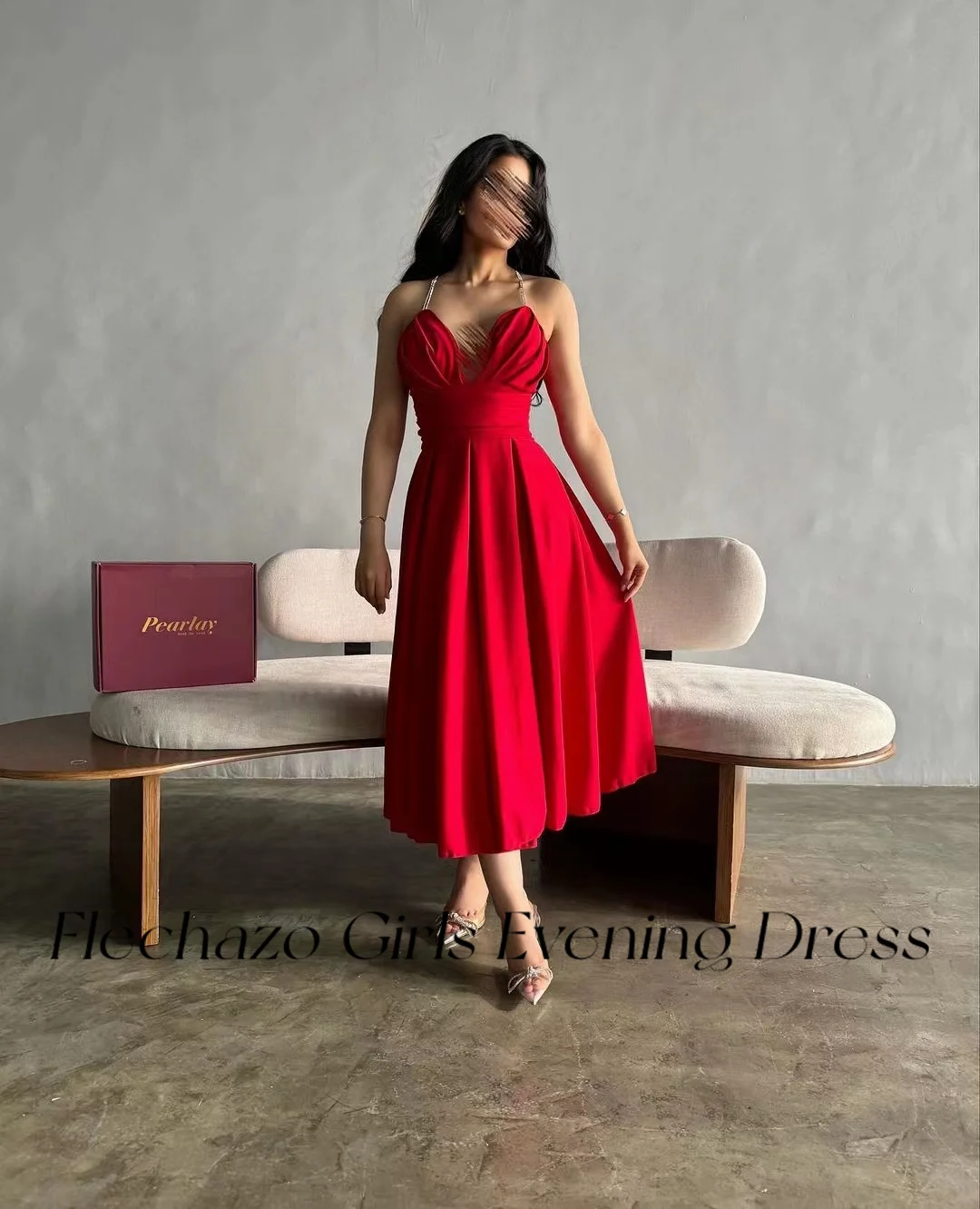 Flechazo Red Satin Evening Dresses Spaghetti Backless Pleated Tea-Length Simple Party Dress For Women 2024 платье женское