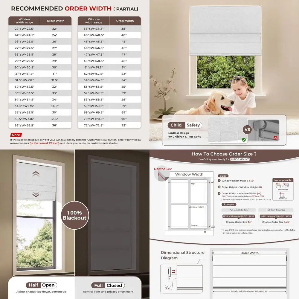 

Cordless Blackout Thermal Insulated Roman Shades, Linen Fabric, Grayish White, Fits 35.5 W x 48 H Windows