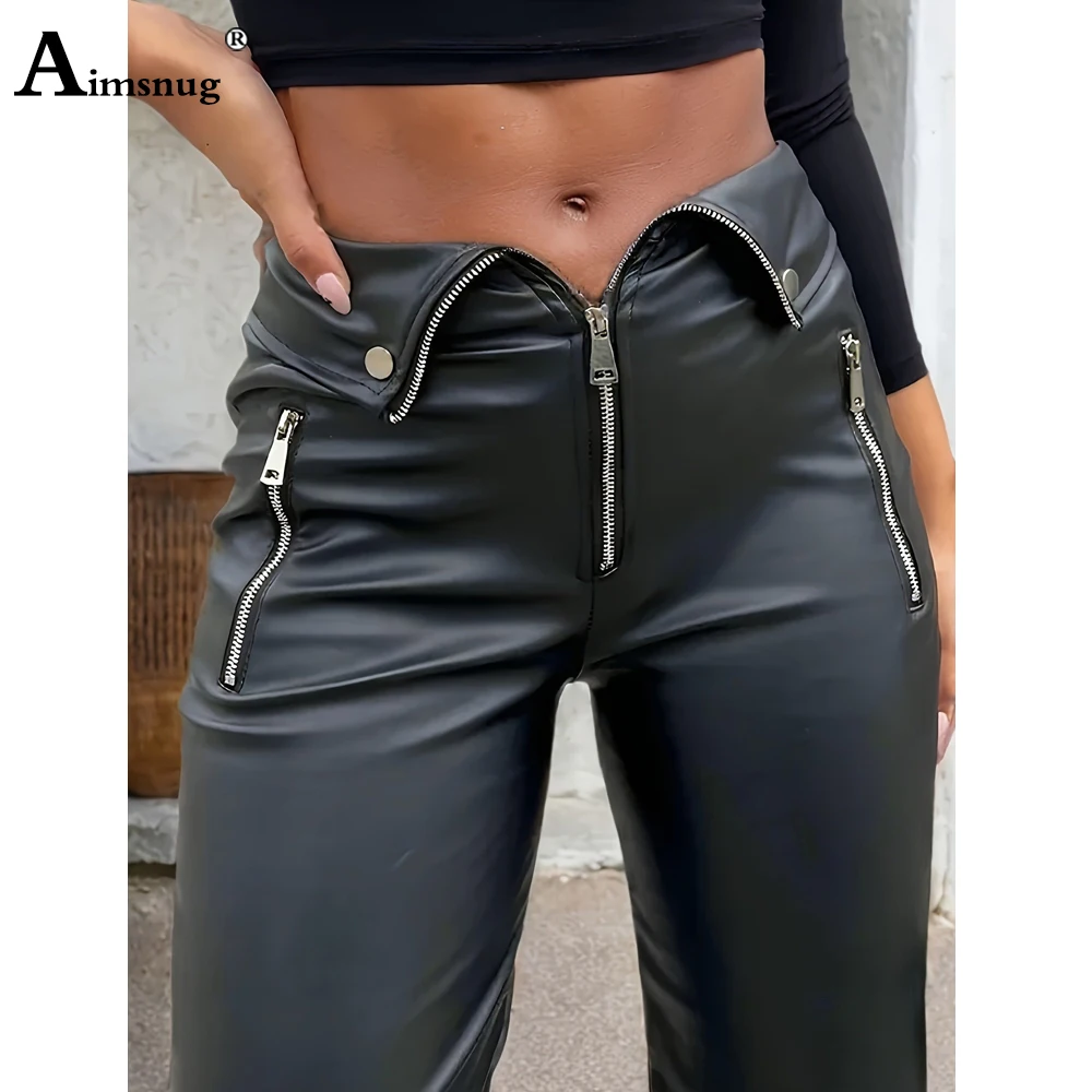 

Женские модные прямые брюки из искусственной кожи с высокой талией, 2021, европейские сексуальные леггинсы на молнии, женские тонкие наряды из искусственной кожи