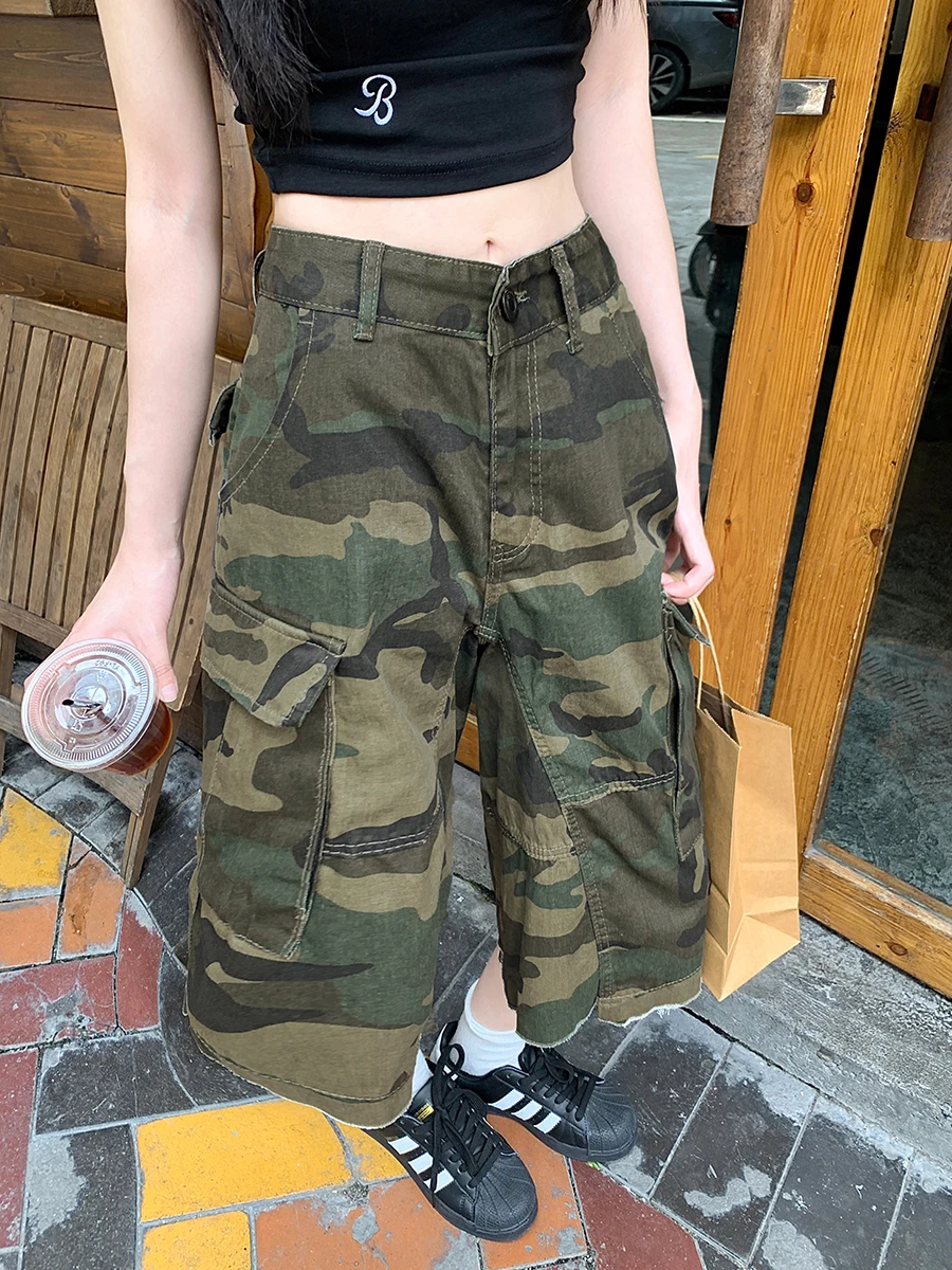 REDDACHiC Big Pockets Camouflage Cargo Jeans Shorts Women Patchwork Raw Edge High Rise Wide Leg Baggy Jorts Retro Y2k Streetwear