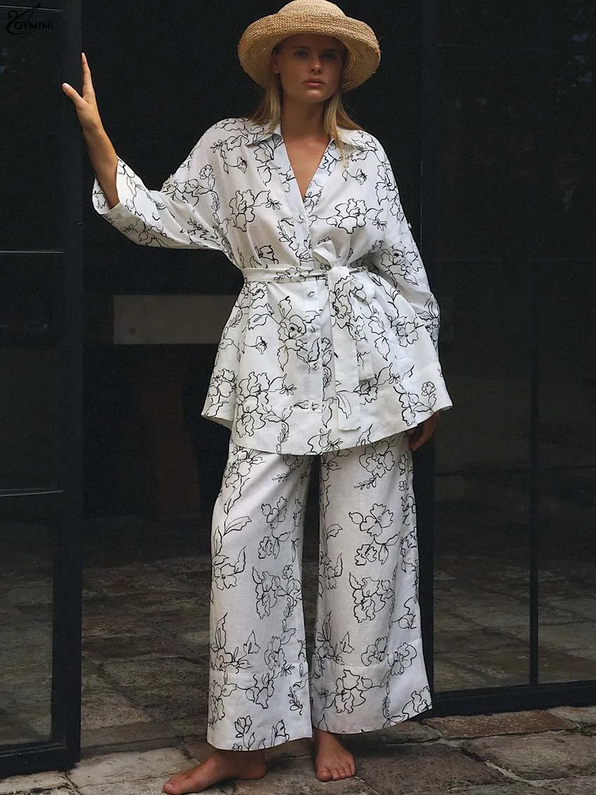 

Oymimi Fashion White Print 2 Piece Sets Woman Outfit Elegant V-Neck Three Quarter Sleeve Lace-Up Shirts + Straight Trousers Sets