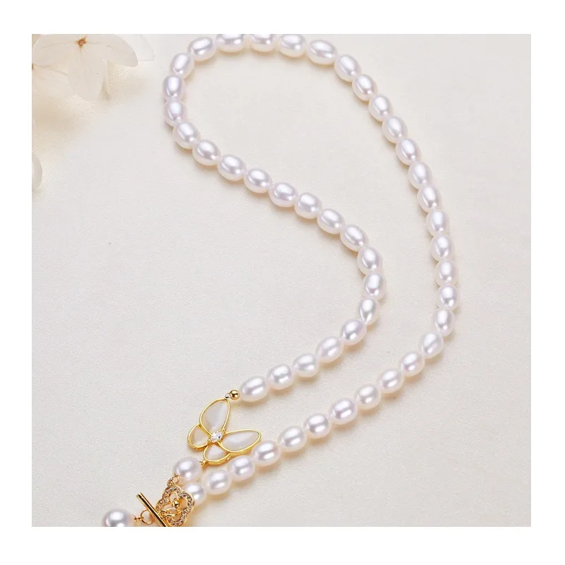 

Pearl Jewelry Geometric Three-dimensional Micro-inlaid Zircon Buckle Butterfly Shell Freshwater Pearl Sweater Chain Necklace Fem