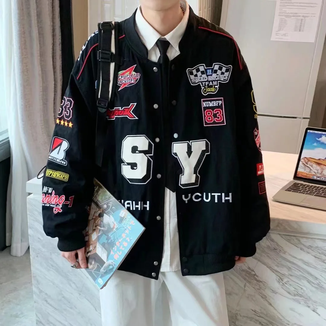 Retro Embroidered Jacket American Street Hip-hop Paste Cloth Motorcycle Jacket Female Loose Racing Suit Male Letter Motorcycle