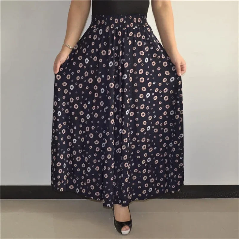 الصيف السيدات الأزهار طباعة تنورة الكورية الإناث حجم كبير 4XL الحرير الجليد الشمس التنانير الطويلة منتصف العمر الأم عالية الخصر ماكسي تنورة