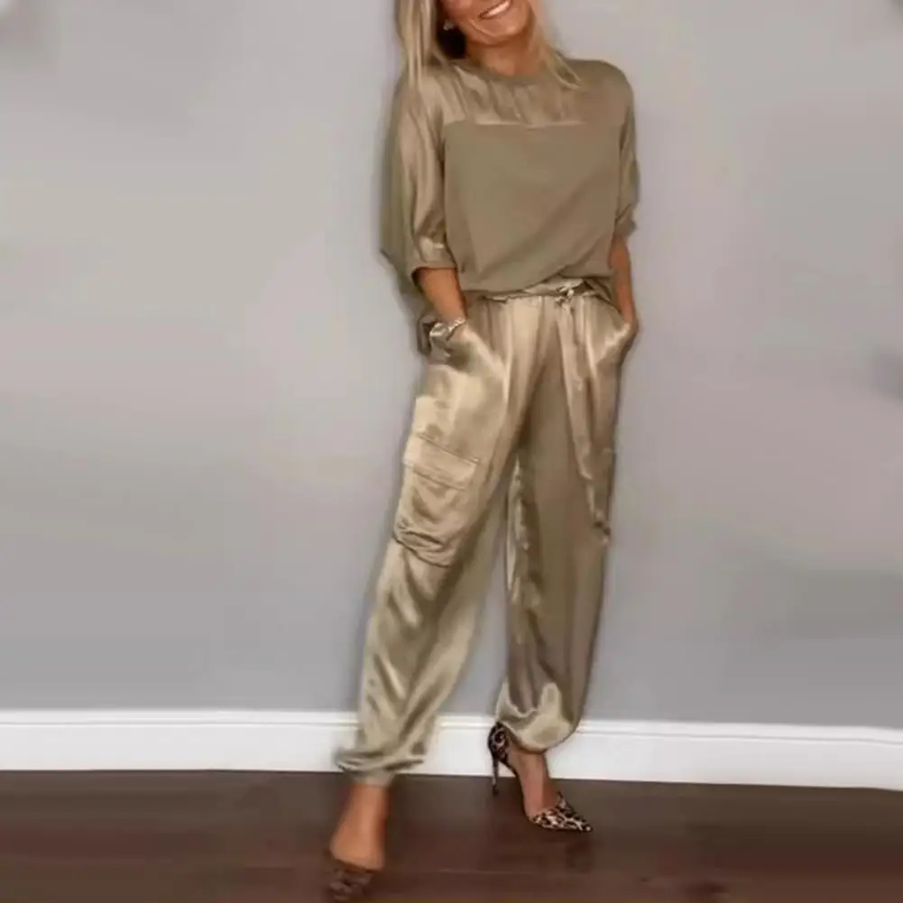 

Women Harem Pants Suit Elegant Satin Women's Top Pants Set with Lace-up Waist Three Quarter Sleeves Casual Pockets Soft