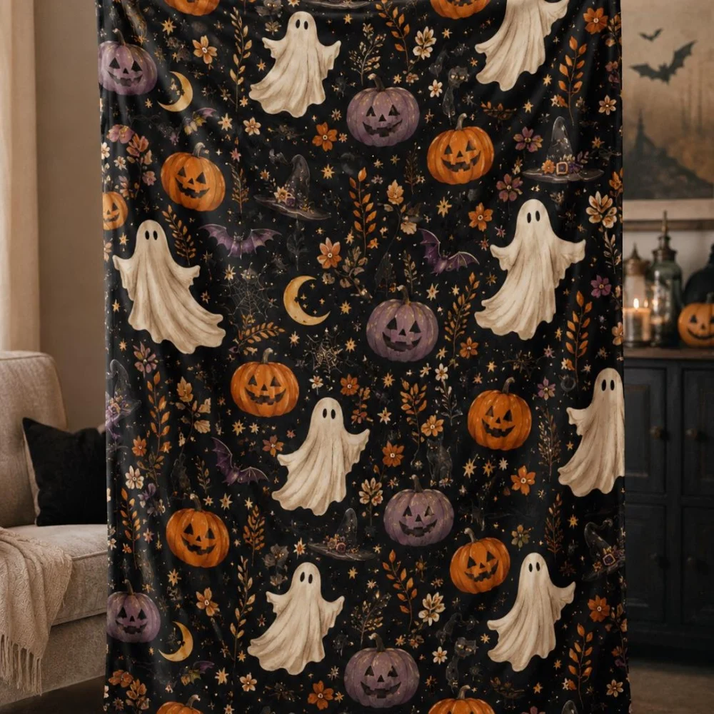 Vintage Halloween Throw Blanket Fleece Cute Ghost Pumpkin Witch Hat Bat Floral Moon Star Black Background Soft Sofa Bed Decor