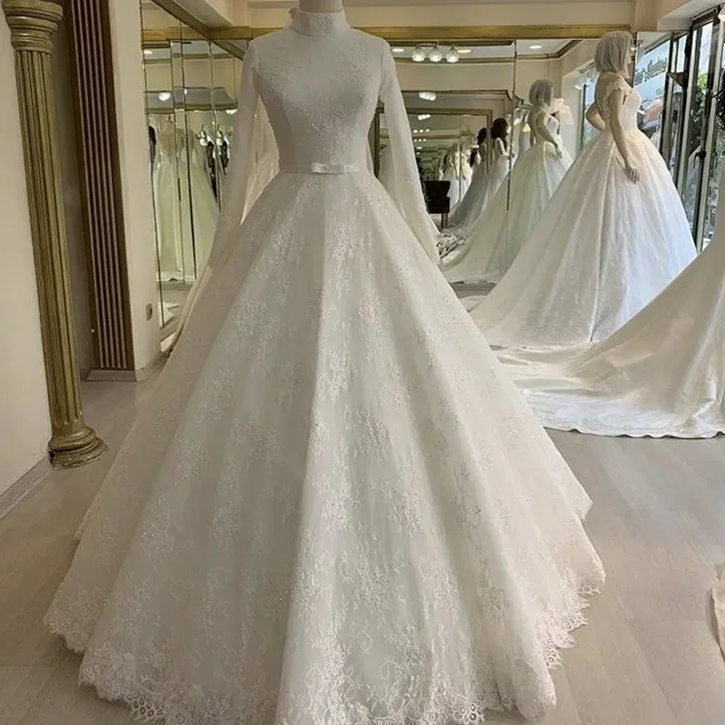 Customized Romantic High Neck Long Sleeves A-Line Muslim Wedding Dresses Sweep Train Real Photo Lace Beaded Bridal Gowns