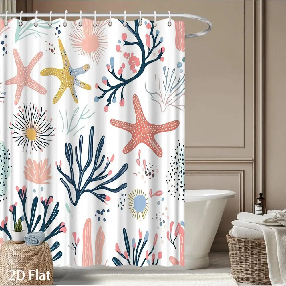 Waterproof Boho Ocean Shower Curtain Tropical Coral Starfish Beach Decor Sea Life Nautical Polyester Bathroom Curtain Liner