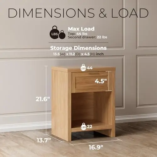 Natural Nightstands, Boho Bed Side Table for Living Room, Minimalist Night Stand with Drawer and Storage Shelf view 2
