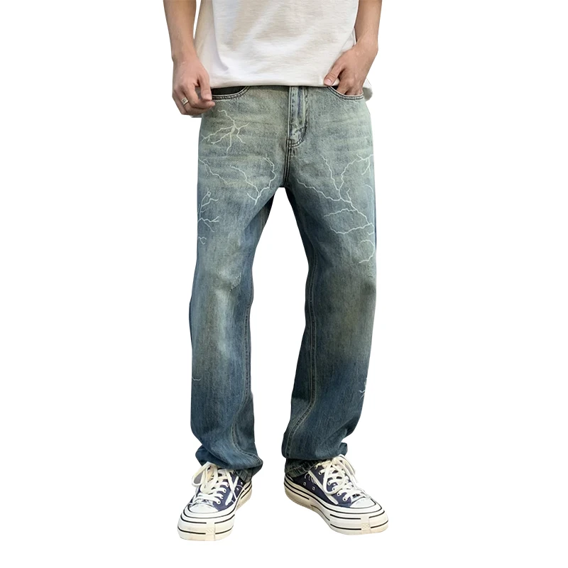 Fashion Brand Washed Burnt Flower Printed Hip Hop Jeans Men's Loose Straight West Coast High Street Wide-Leg Pants