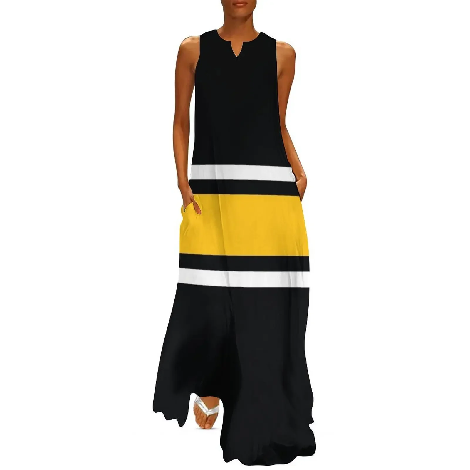 

Black, White, & Yellow Power Stripe Long Dress dress summer Female dress Women's long