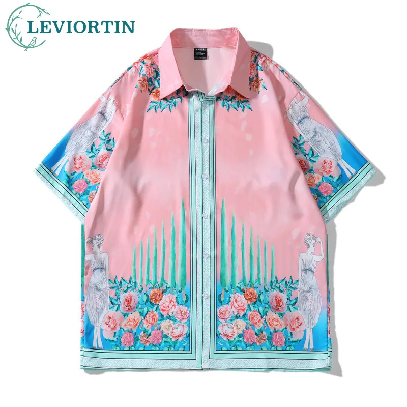 

Hip Hop Floral Pink Holiday Beach Shirts For Men And Women Summer Thin Material Short Sleeve Blouses Tops Y2K Streetwear Clothes