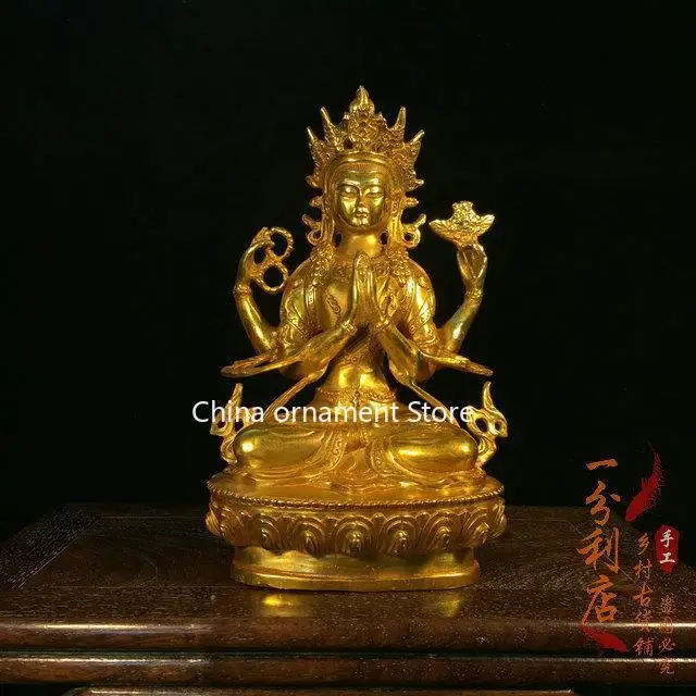 Nepalese handmade gilt pure copper four-armed Guanyin Buddha statue Tibetan tantra Bodhisattva temple offering platform