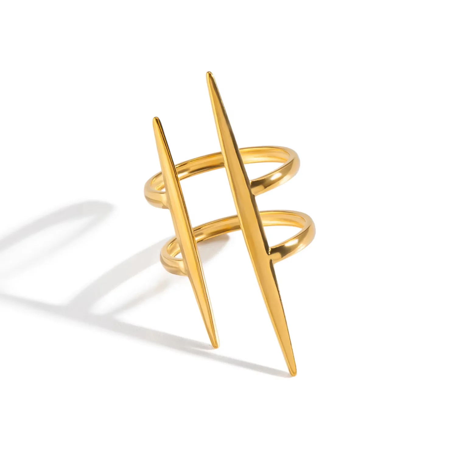 18K Gold Plated Vintage Stainless Steel Parallel Double Line Hollowed Out Open End Ring Women Anti Allergic Charm Daily Jewelry