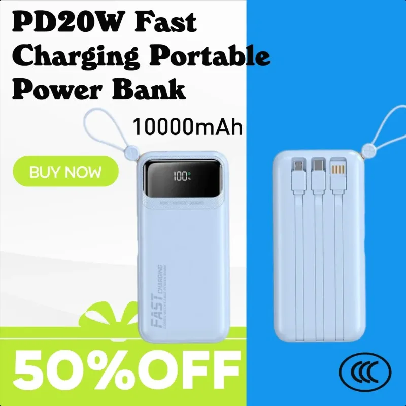 

PD20W Fast Charging Portable Power Bank with 10000mAh Built-in Battery and Cable