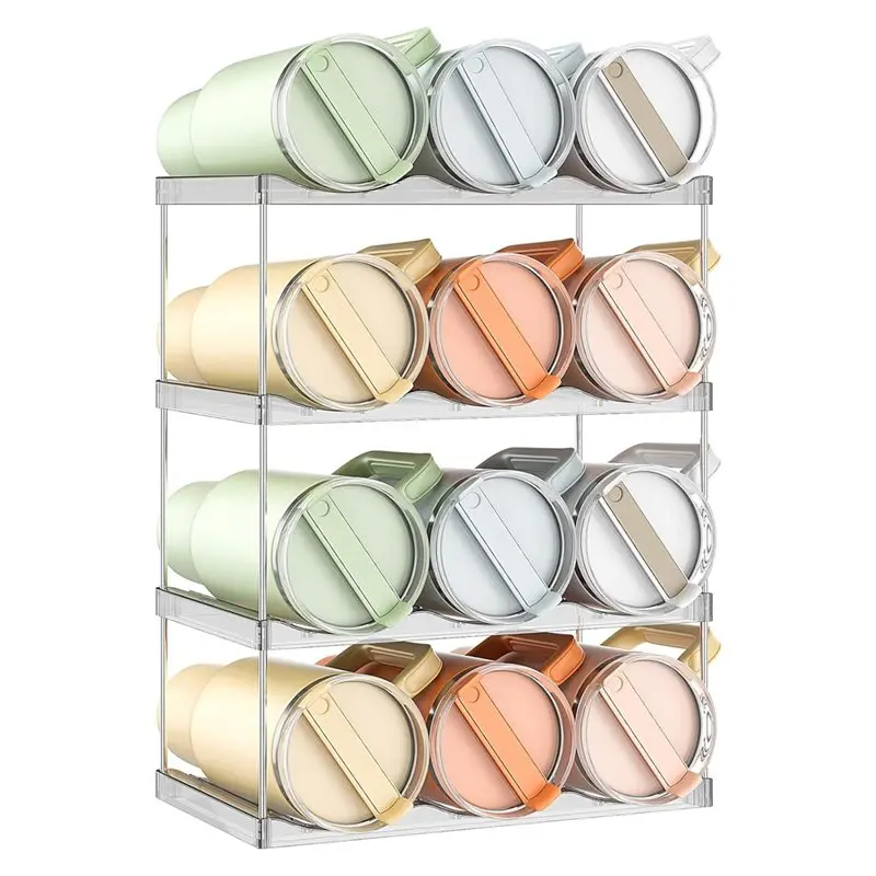 

A34R Stackable Water Bottle Holder 4 Tiers For 40 Oz Large Tumblers, Clear Organizer Holds 12 Cups Rack