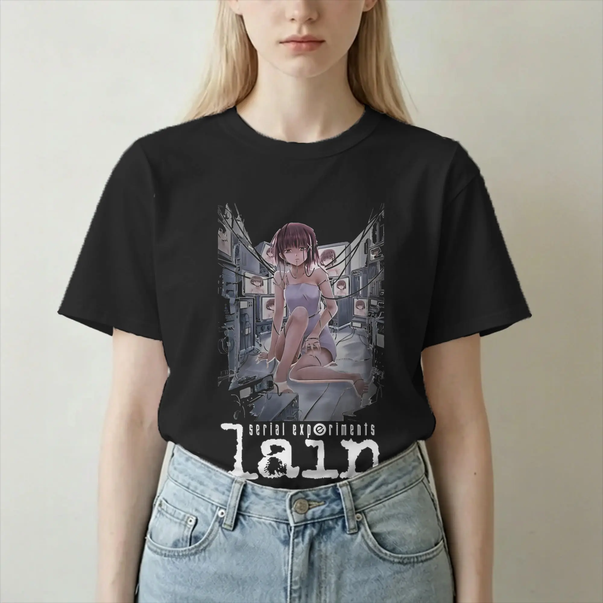 Lain Lwakura Serial Experiments Lain T-Shirts Men Women Anime Sci Fi Manga Cool Pure Cotton Tee Shirt Crew Neck T Shirts Tops