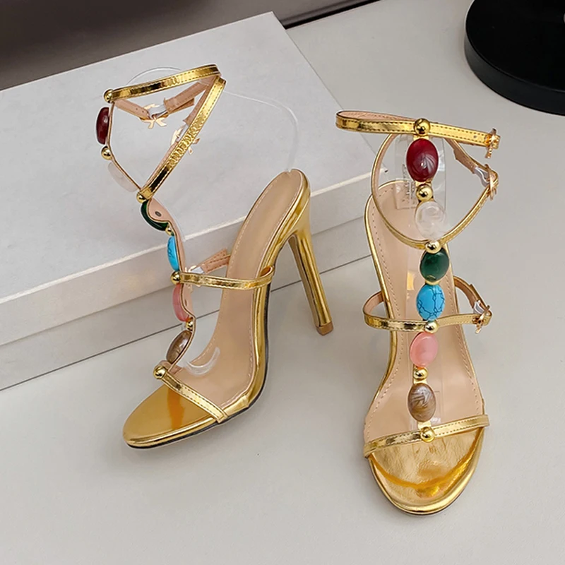 

Сексуальные красочные сандалии с украшением из драгоценных камней, женские сандалии с открытым крестом и узкой полосой на тонком высоком каблуке, вечерние туфли для стриптиза, танцевальные римские туфли