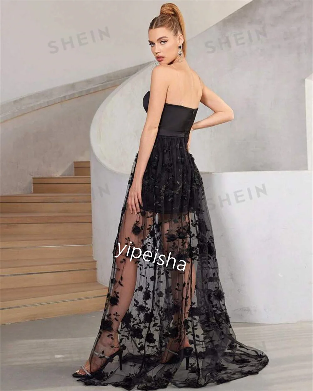 Maßgeschneiderte Jiayigong Sparkle Prom Net Pattern Beach A-Linie trägerloses maßgeschneidertes Anlasskleid Midi-Kleider