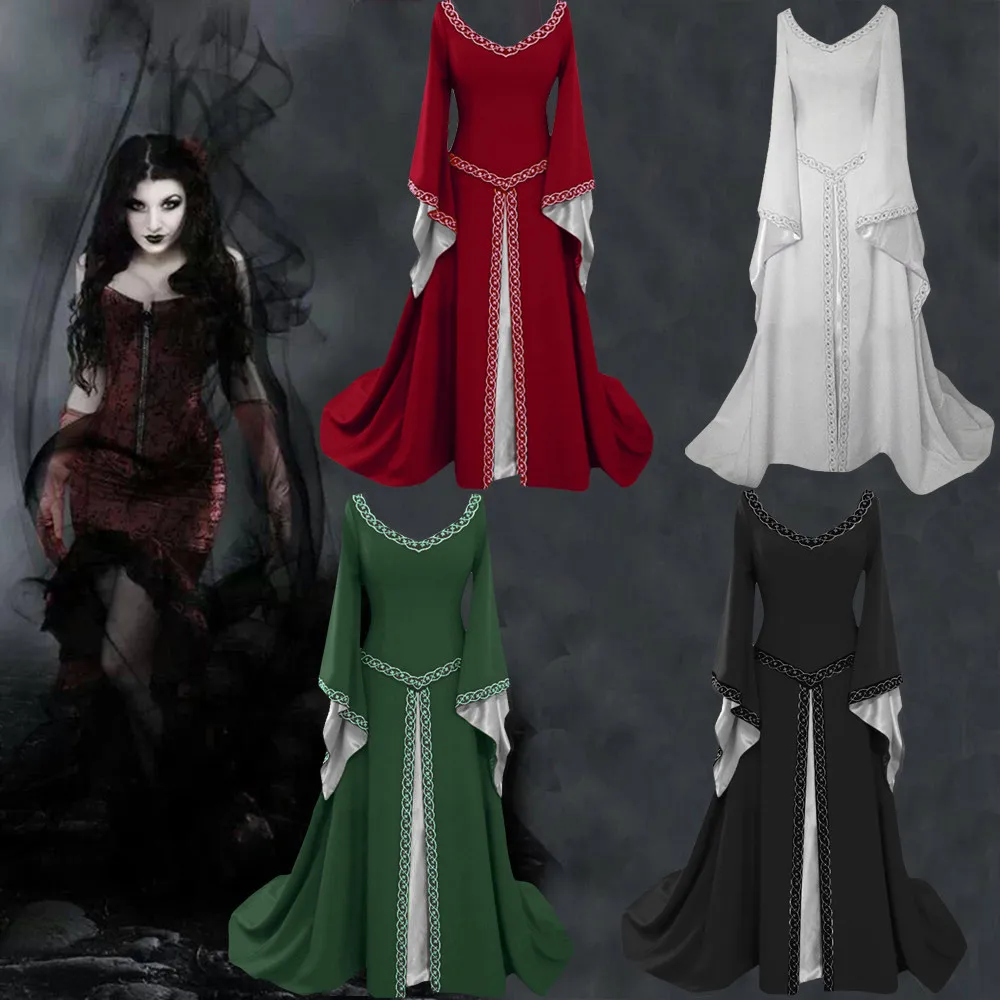 

Medieval Vintage Gothic Round Neck Witch Long Skirts Luxury Women's Party Dresses Solid Color Flared Sleeves Cosplay Costumes