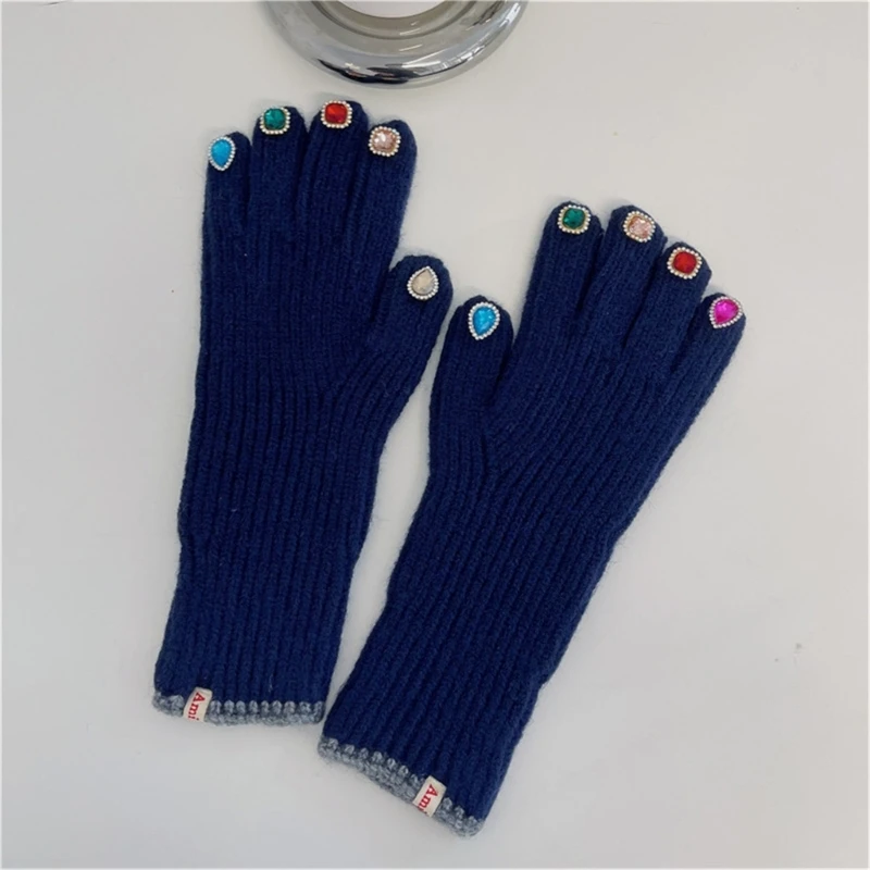 Gloves French Vintage Luxury Knit Gloves Women Full Finger Gloves with Decors on Finger Tips 449B