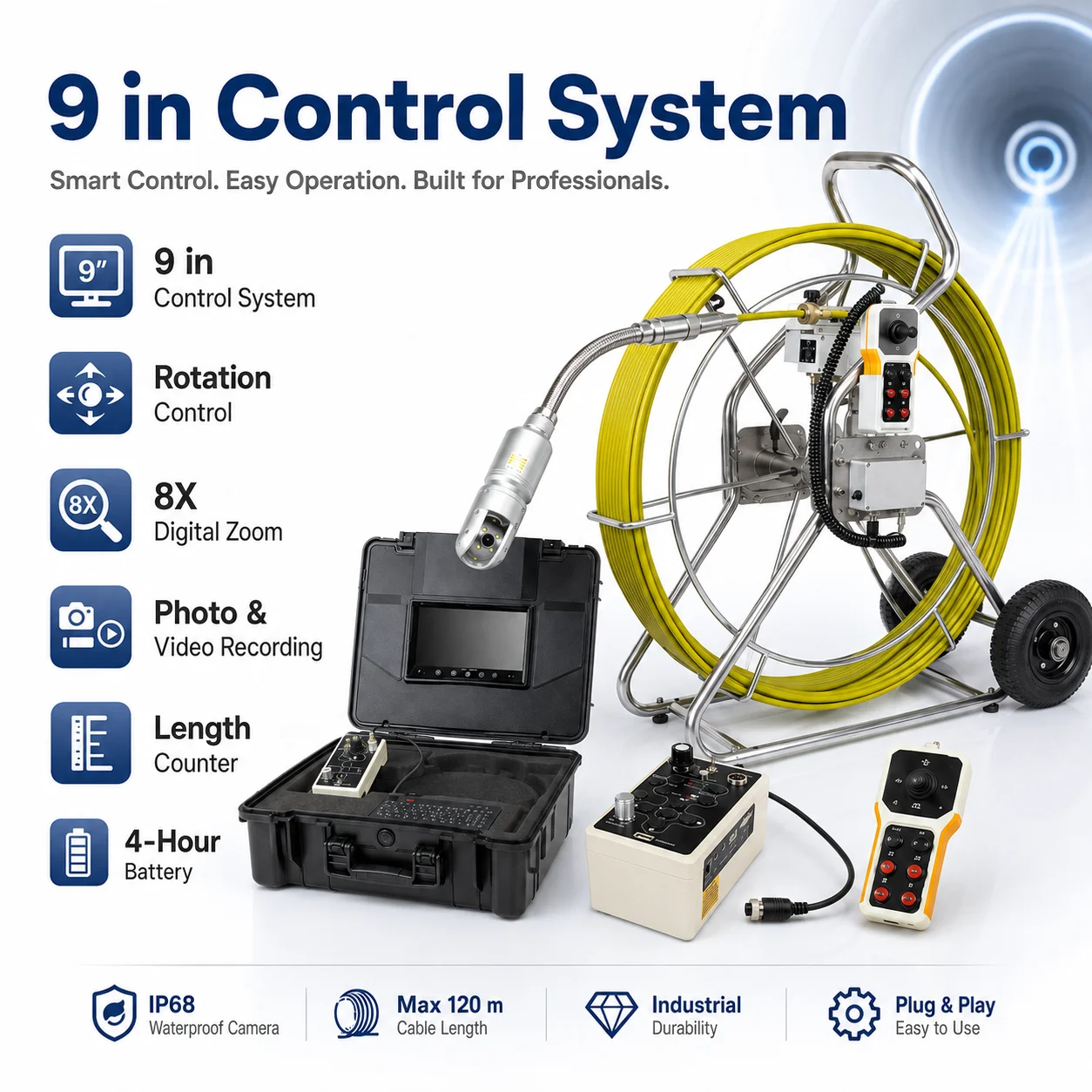 MYT WOPSON Industrial Drain Inspection Camera 360 180 Rotation 512Hz Transmitter 120m Cable Reel For DN60 To DN400 Pipes