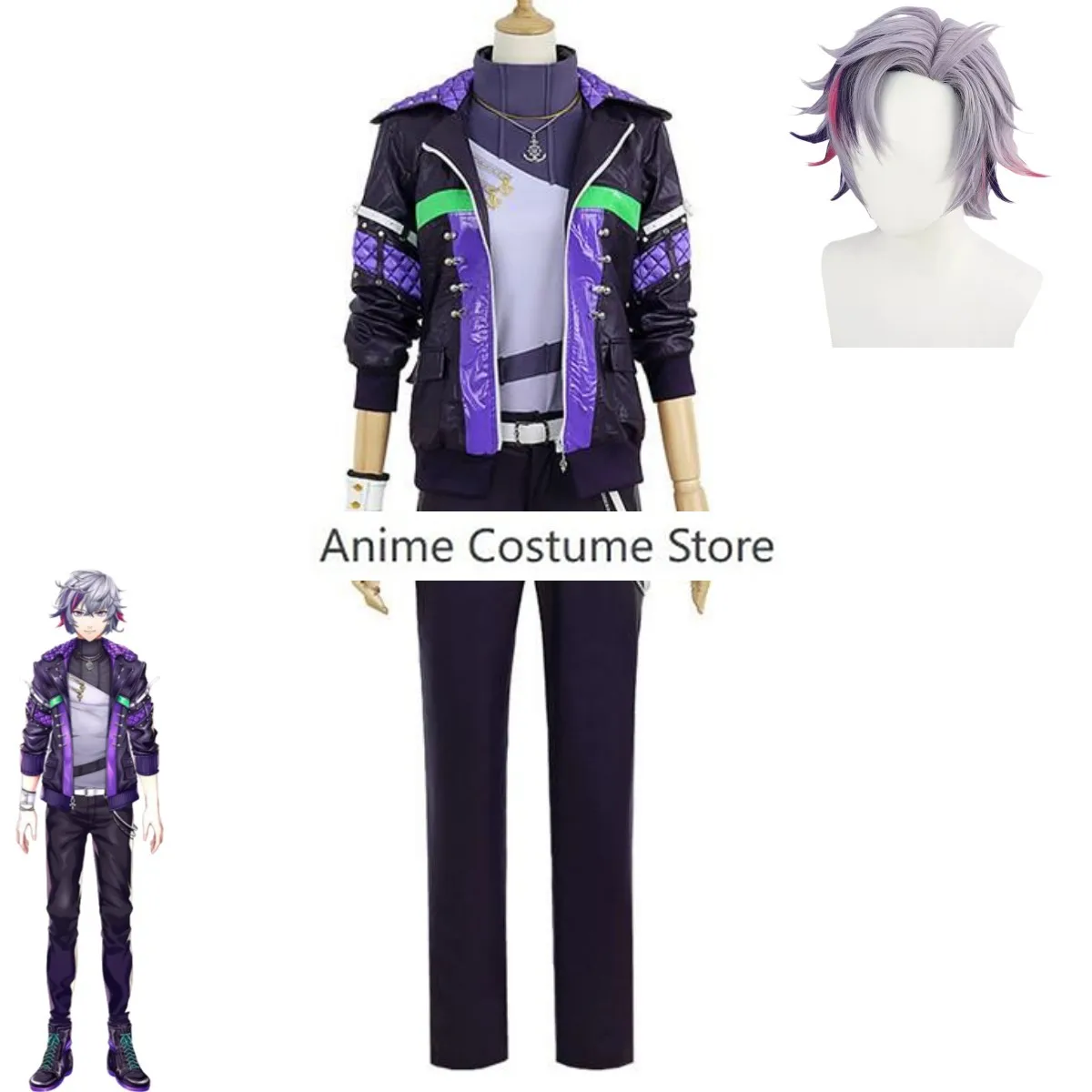 Nijisanji Vtuber Virtual Youtuber Fuwa Minato Cosplay Costume Black Purple Uniform Coat Wig Man Woman Carnival Halloween Suit