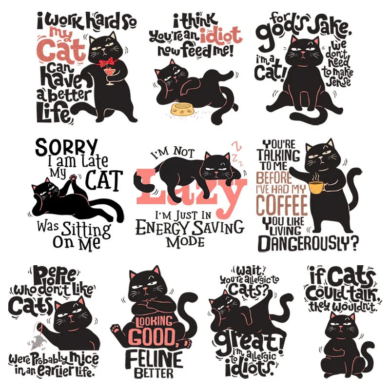 Cute Fun Black Cat Letter Stickers Heat Transfer Sticker For Clothing DIY Vinyl Iron on Hot Press Washable Pet Cartoon Applique