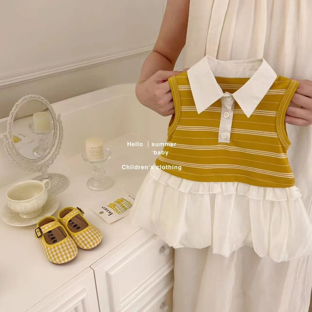 

Girls' POLO Collar Striped Flower Bud Dress 2025 Summer New style children's Korean Skirt Children's Baby Fashion POLO Skirt