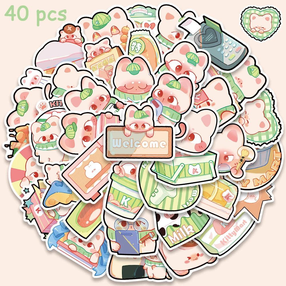 

40Pcs Supermarket Shopping Cat Stickers Cute Cartoon Animal Decals For Notebook Scrapbook Suitcase Stickers Child's Gifts