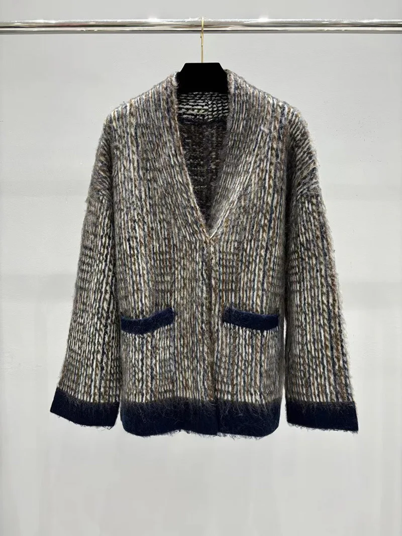 Women's 2026 Fall New Arrivals V-Neck Striped Knit Cardigan Color Block Patches Mohair Coat
