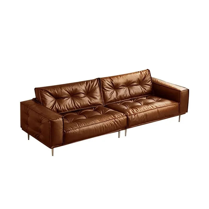 French retro leather sofa oil wax leather living room 2024 medieval straight row small apartment leather art sofa