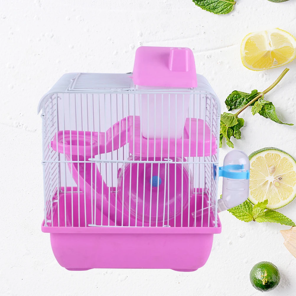 

1Pcs Double Layer Hamster Cage Light Pink Multifunctional Pet House Slide Design Running Wheel Leakproof Water Jug Small Pet