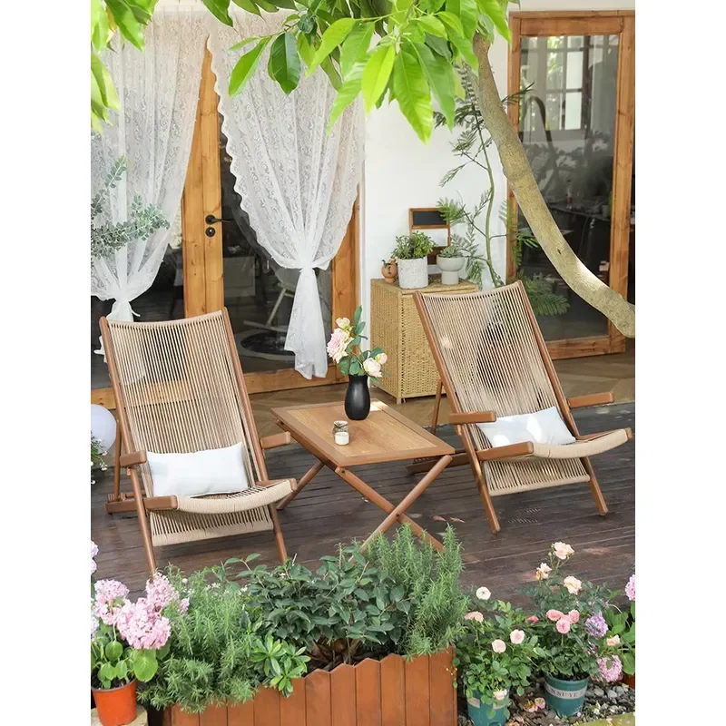 Balcony Small New Chinese Style Folding Rattan Recliner Chair Table Garden Set Cloud Family Series Outdoor Leisure