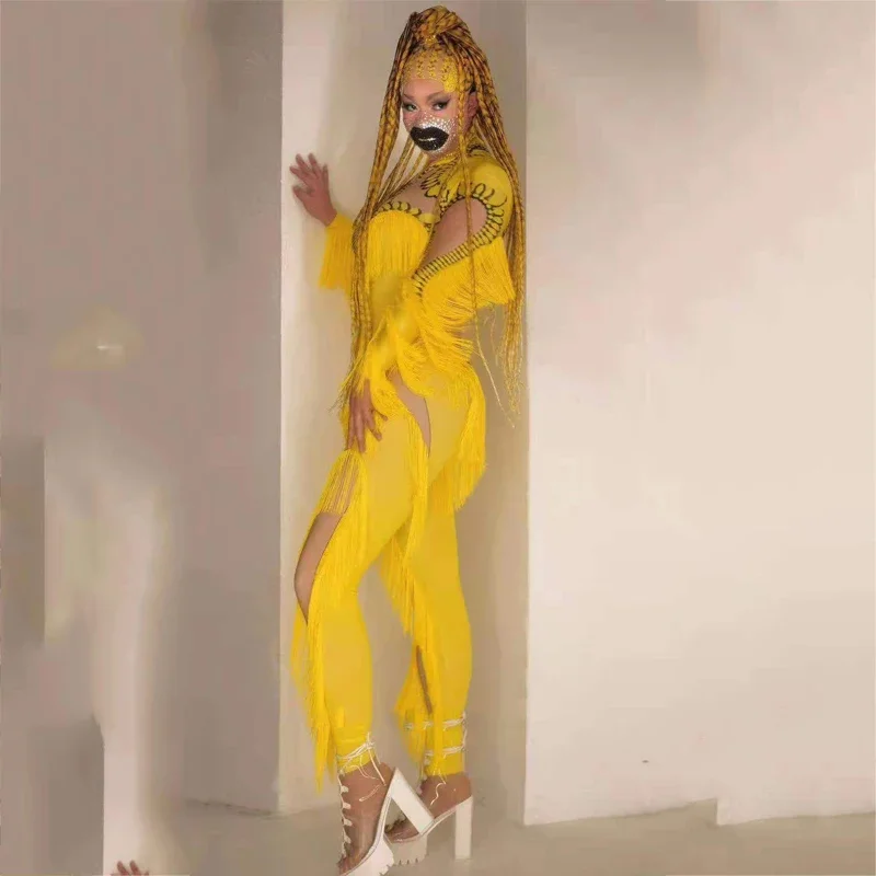 الهذيان الزي النساء جوجو راقصة زي الأصفر مهدب بذلة مثير القطب الرقص ارتداءها بار ملهى ليلي Ds Dj مرحلة الحفلات