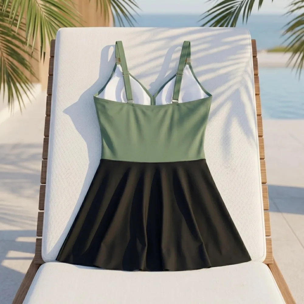 Sweet Slim Fit Women's Swimming Suit Pleated Sleeveless Skirt Swimsuit Beachwear Clothing V-Neck Bathing Suit Summer