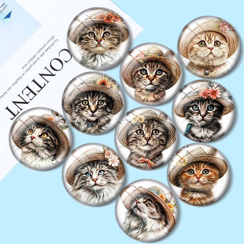 

Cat With Straw Hat and Flowers 12mm/18mm/20mm/25mm Round photo glass cabochon flat back Making findings keychain