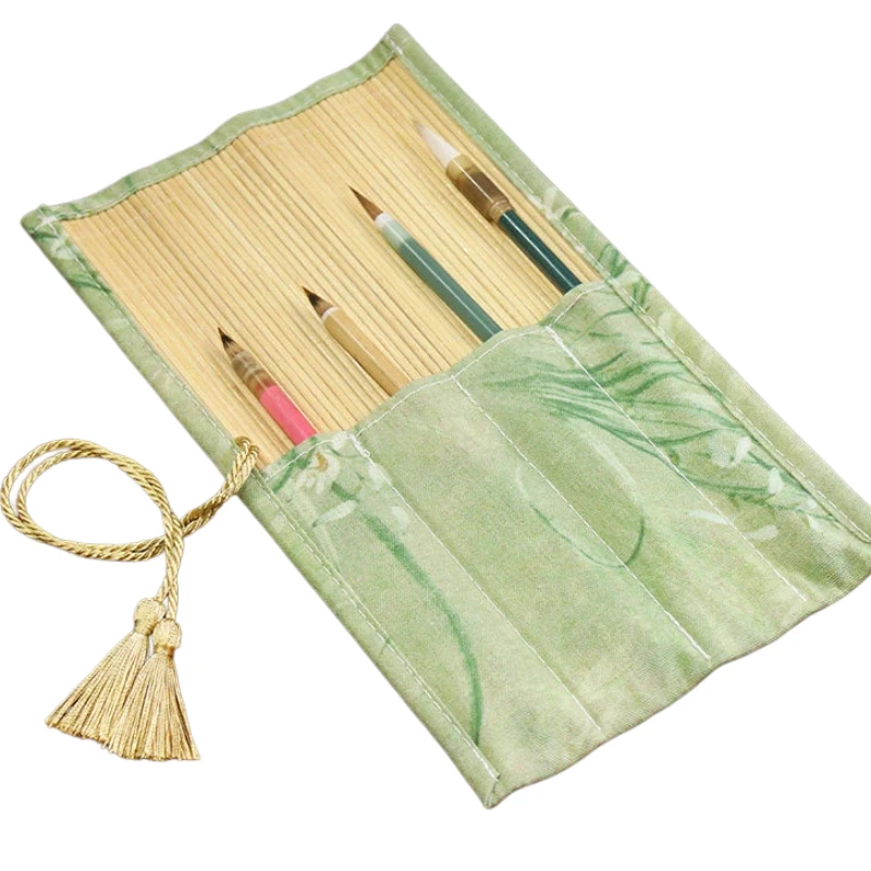 Bamboo Calligraphy Brush Roll Curtain Ventilated Brush Head Protection Painting Brush Storage Bag Pouch Art Stationery Organizer