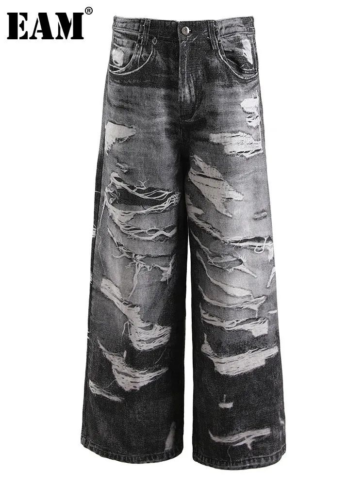 

[EAM] High Waist Blue Printed Long Denim Casual Wide Leg Pants New Trousers Women Fashion Tide Spring Autumn 2024 CPG1287