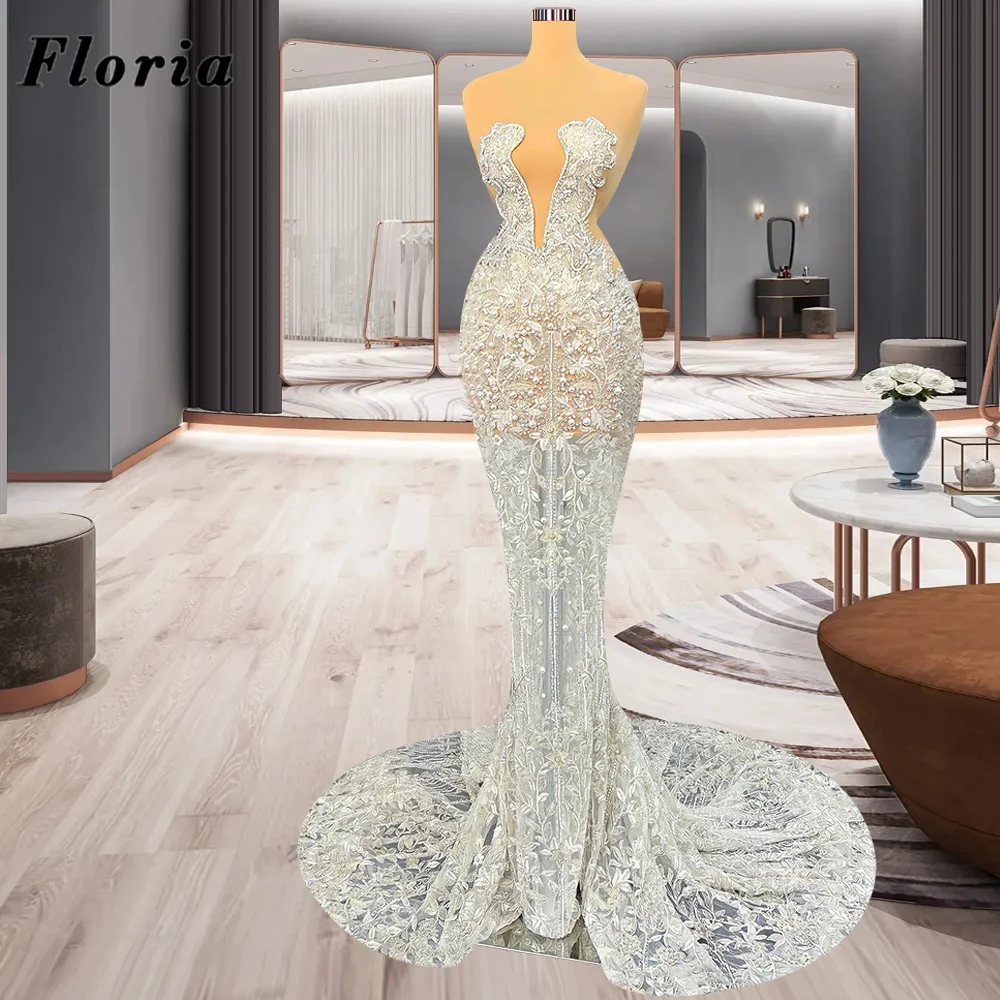 

Ivory Lace Beaded Evening Dresses 2023 New Fashion Long Train Prom Dress Arabic Mermaid Dubai Party Gowns For Women Robe Du Soir