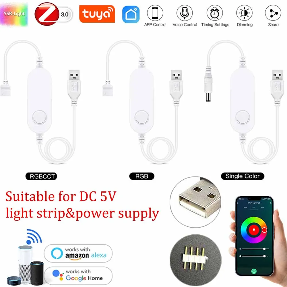 Zigbee DC5V USB Smart LED Controller DW/RGB/RGBCCT to 1-3M Light Strip Voice/App Control dla Tuya Smart Life Alexa Google Home