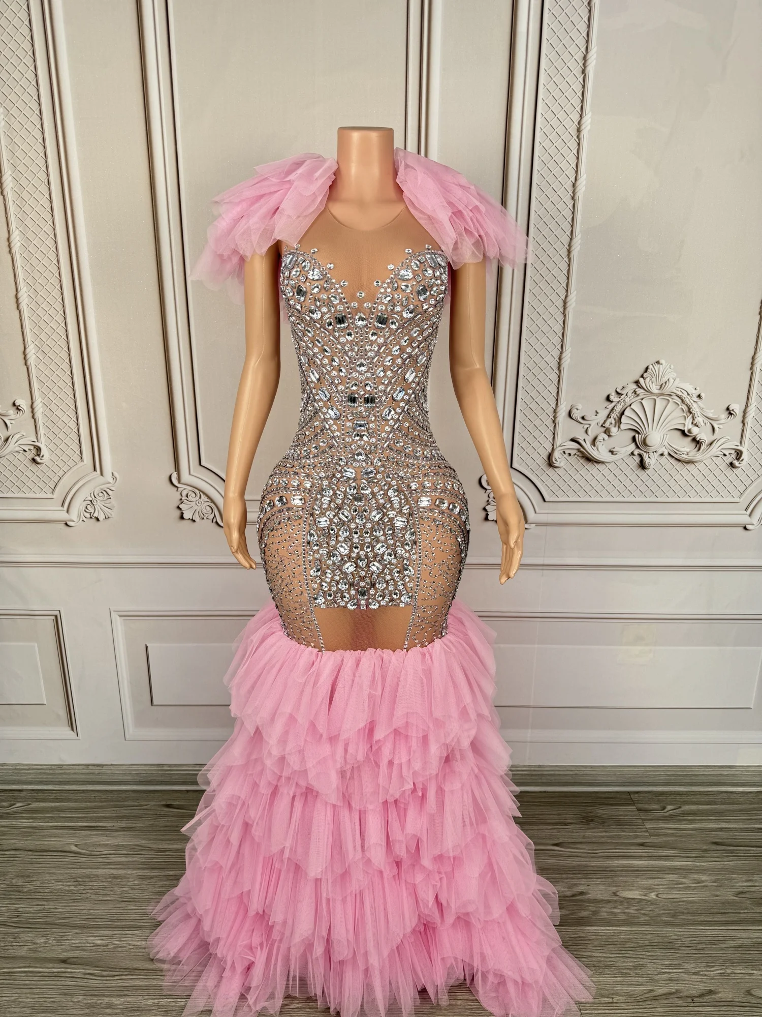 

Huolieniao Womens Luxury Silver Rhinestone Pink Tulle Mermaid Maxi Dress Sheer Mesh Bodycon Formal Evening Party Prom Gown