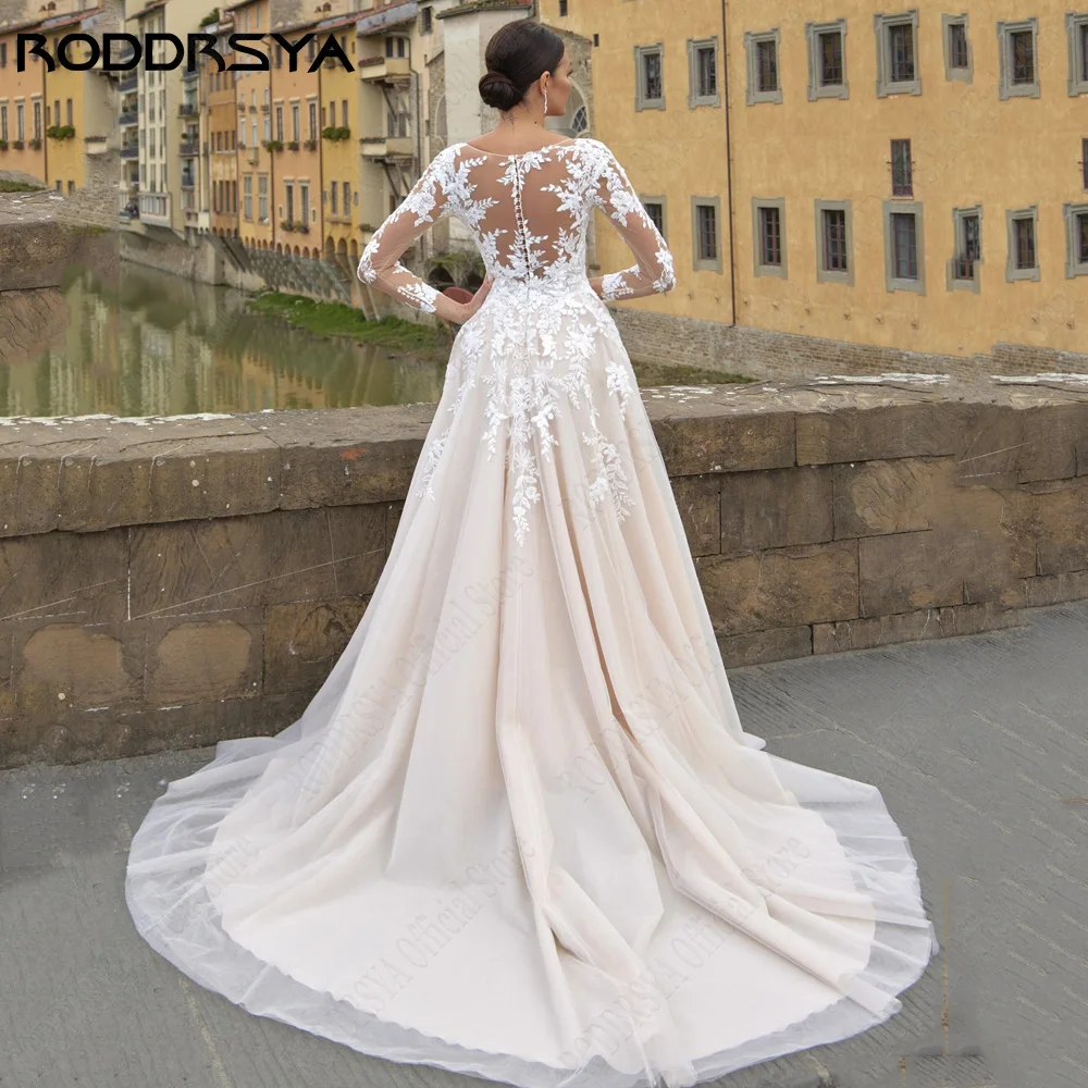 RODDRSYA O-hals Lange mouwen Bruidsjurk A-Lijn Tule Illusie Terug Bruidsjurken Applique RODDRSYA O-hals lange mouwen trouwjurk A-lijn Tulle Illusion Back Bride Gowns Applique op maat gemaakte elegante feestjes De Novia