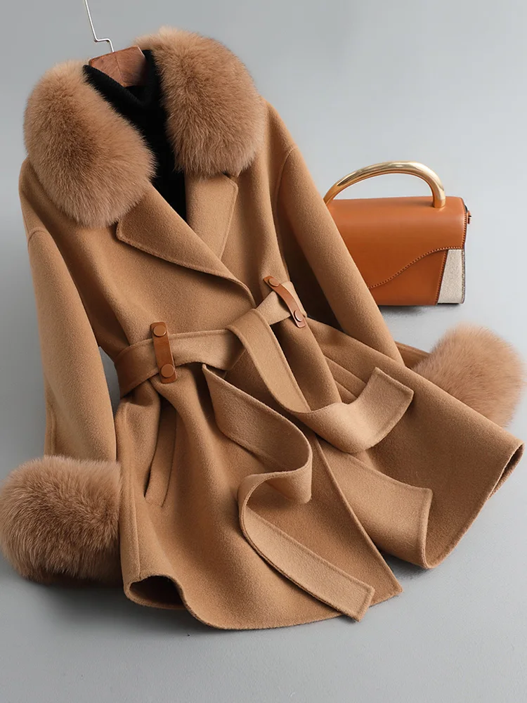 

2023 Real Fur Coat Winter Jacket Women Natural Fox Fur Collar Cuffs Belt Cashmere Wool Woolen Ladies Outerwear Streetwear