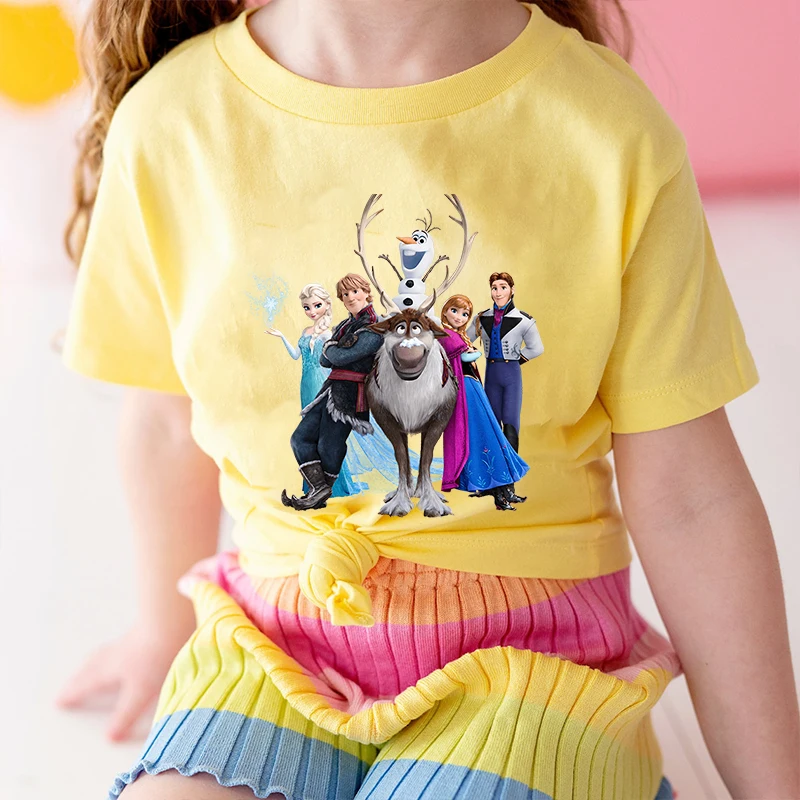 

Frozen printed kids T-shirt Summer children's cotton short-sleeved suitable for boys and girls Yellow casual tops