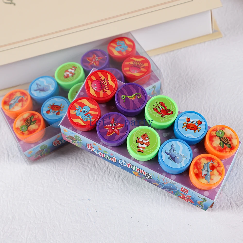 10Pcs Cartoon Marine Animals Dinosaur Self-ink Stamps for Kids Birthday Party Favors Wedding Guest Gifts Halloween Pinata Filler